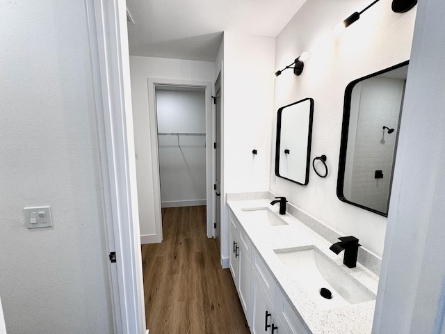 bathroom with vanity and hardwood / wood-style flooring