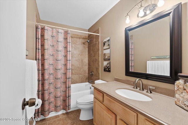 full bathroom featuring tile patterned flooring, vanity, shower / bath combination with curtain, and toilet