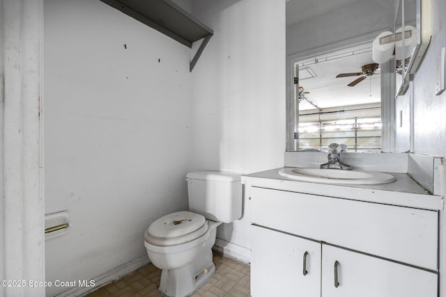 bathroom with ceiling fan, vanity, and toilet