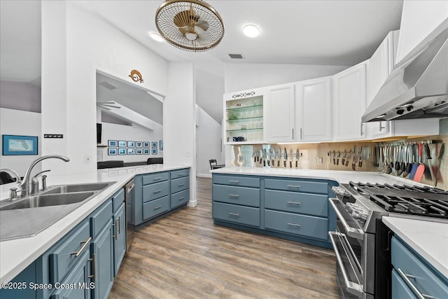 kitchen featuring white cabinetry, lofted ceiling, sink, dark hardwood / wood-style flooring, and gas range