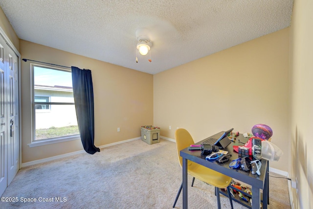 carpeted office space with a textured ceiling