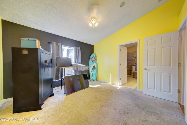 kitchen with vaulted ceiling, light carpet, and a textured ceiling