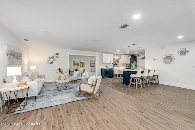 living room with light hardwood / wood-style floors and french doors