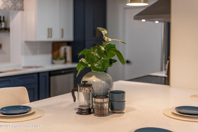 room details with blue cabinetry and dishwasher