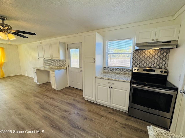 kitchen featuring electric stove, white cabinetry, dark hardwood / wood-style flooring, and backsplash