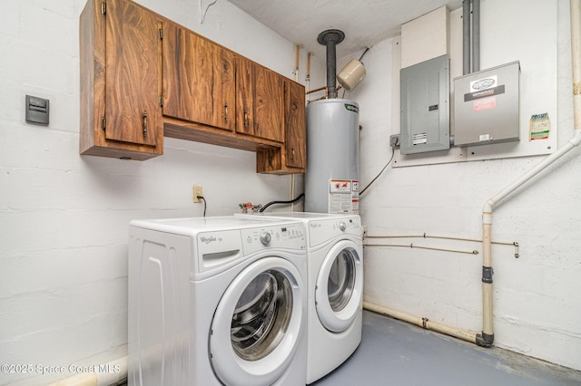 clothes washing area with cabinets, electric panel, washing machine and dryer, and gas water heater