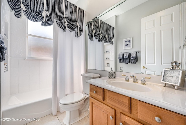 full bathroom with shower / bath combination with curtain, vanity, tile patterned floors, and toilet