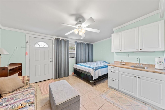 tiled bedroom featuring cooling unit, sink, crown molding, and ceiling fan