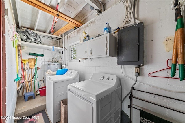 clothes washing area featuring cabinets, washer and clothes dryer, electric panel, and electric water heater