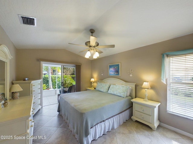 bedroom featuring light tile patterned flooring, lofted ceiling, access to outside, and ceiling fan