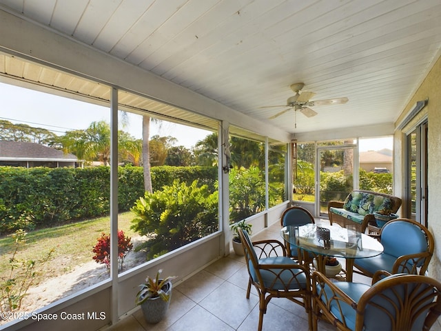 sunroom with wooden ceiling and ceiling fan