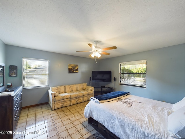 bedroom featuring ceiling fan and a textured ceiling