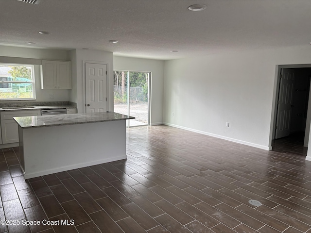 kitchen with dishwasher, light stone countertops, a wealth of natural light, and wood tiled floor