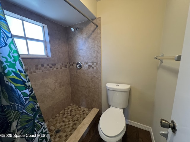 bathroom with toilet and a shower with shower curtain