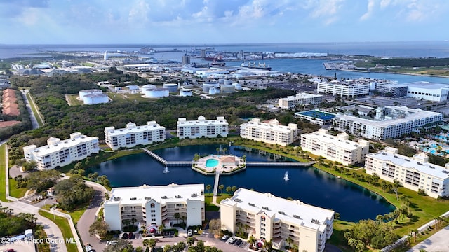 birds eye view of property featuring a water view