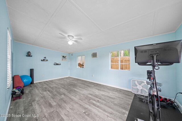 workout area with hardwood / wood-style floors and ceiling fan