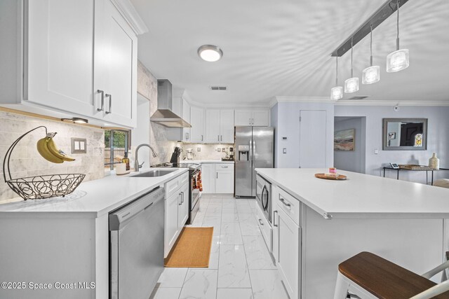 kitchen with white cabinetry, sink, wall chimney exhaust hood, and appliances with stainless steel finishes