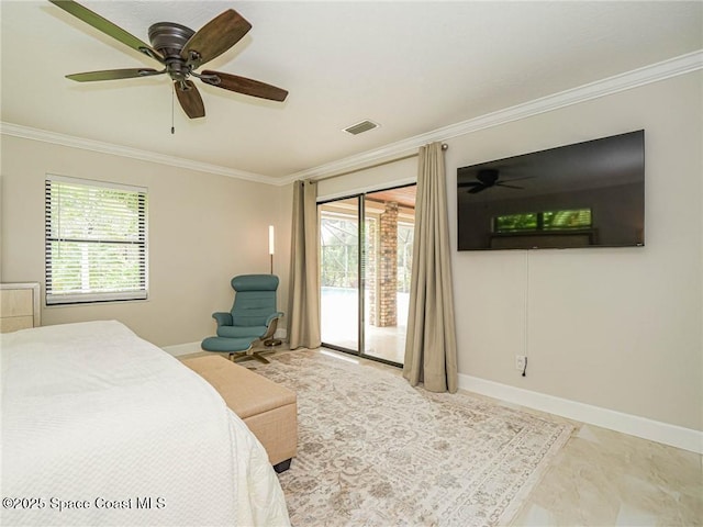 bedroom with access to exterior, crown molding, and ceiling fan