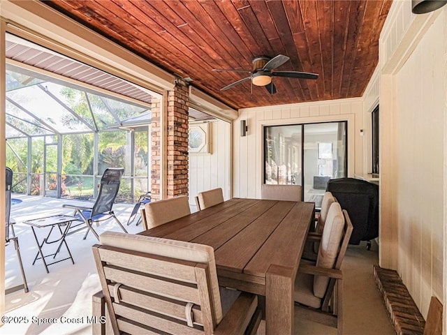 interior space with ceiling fan and wooden ceiling