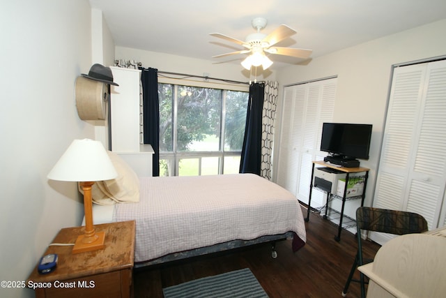 bedroom featuring dark hardwood / wood-style flooring and two closets