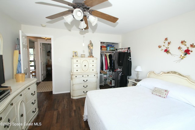 bedroom with dark hardwood / wood-style flooring, a closet, and ceiling fan