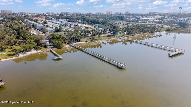 drone / aerial view featuring a water view