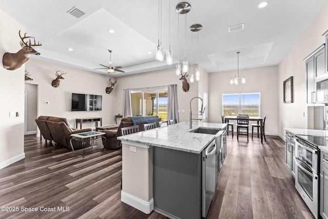 kitchen featuring gray cabinets, a raised ceiling, pendant lighting, stainless steel appliances, and a kitchen island with sink