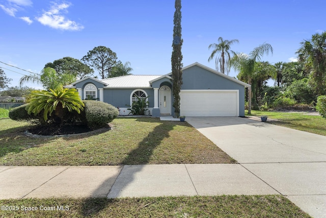 single story home with a garage and a front lawn