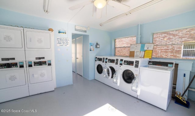 laundry area with washer and clothes dryer, stacked washer and clothes dryer, and ceiling fan