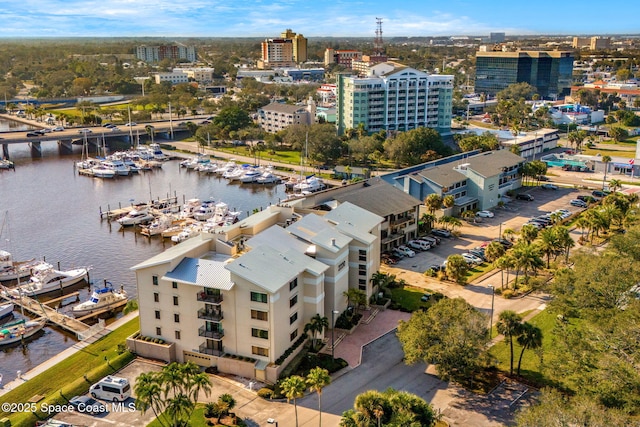 drone / aerial view with a water view