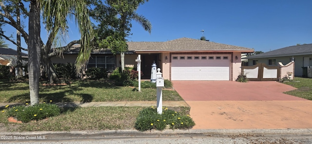 single story home featuring a garage, a front lawn, driveway, and stucco siding