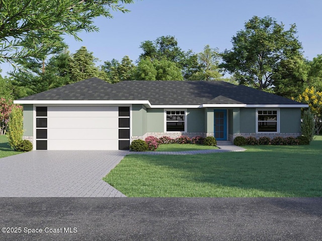 ranch-style house featuring a garage and a front lawn