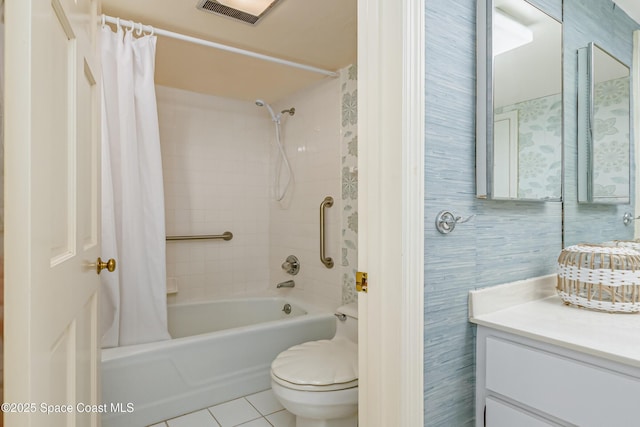 full bath featuring shower / tub combo, visible vents, toilet, tile patterned flooring, and vanity