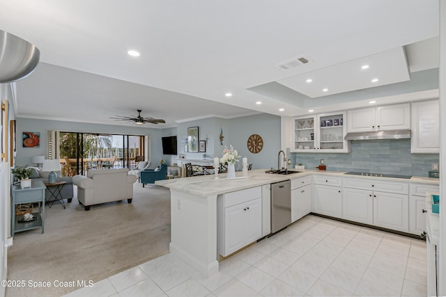 kitchen with under cabinet range hood, a peninsula, a sink, dishwasher, and a tray ceiling