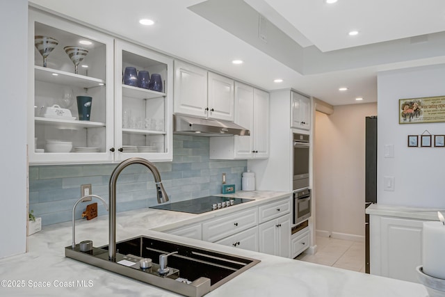 kitchen with tasteful backsplash, white cabinets, a sink, and under cabinet range hood