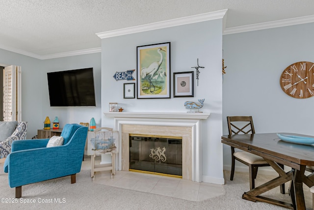 carpeted living room with a fireplace with flush hearth, crown molding, baseboards, and a textured ceiling