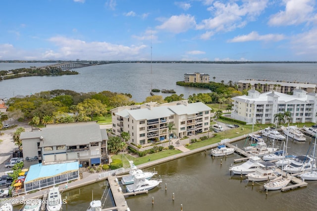 drone / aerial view with a water view