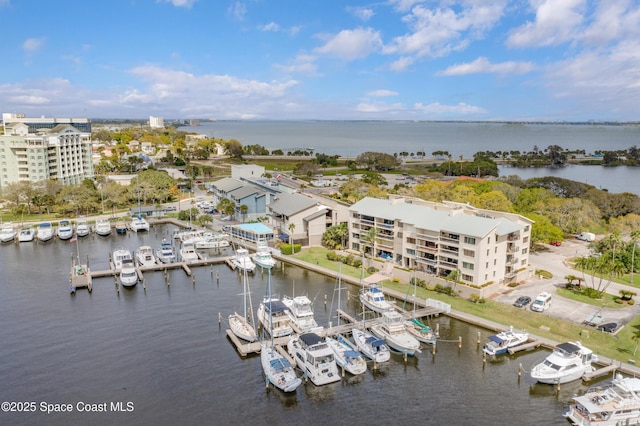 drone / aerial view featuring a water view