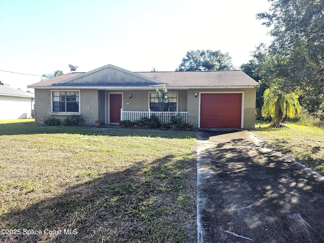 ranch-style home with a garage, covered porch, and a front lawn