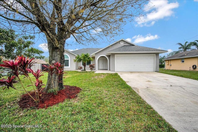 ranch-style house with a garage and a front yard