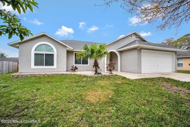 single story home with a garage and a front yard