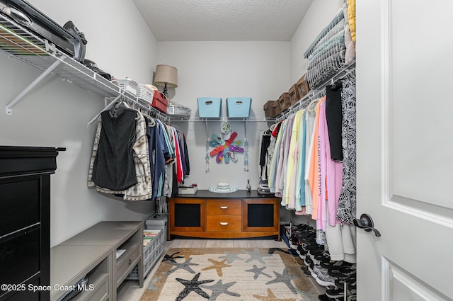 walk in closet with light hardwood / wood-style flooring