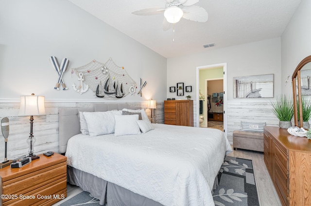 bedroom featuring ceiling fan and light wood-type flooring