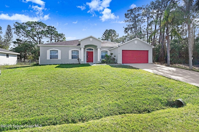 ranch-style home featuring a garage and a front yard