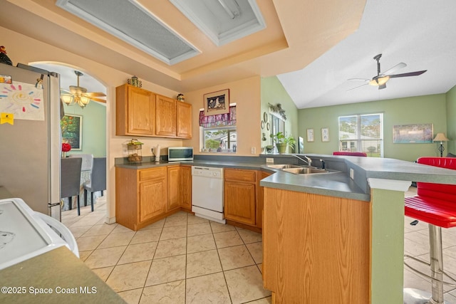 kitchen featuring stainless steel appliances, sink, ceiling fan, and kitchen peninsula