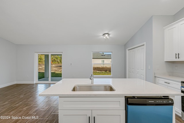 kitchen with white cabinetry, sink, dishwashing machine, dark hardwood / wood-style flooring, and a center island with sink