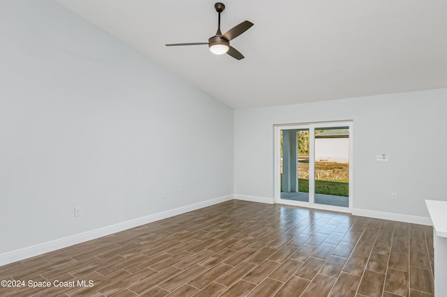 unfurnished room featuring ceiling fan and vaulted ceiling