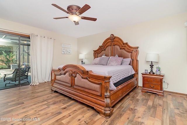 bedroom featuring ceiling fan, access to outside, and wood-type flooring