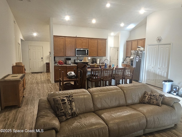 living room featuring high vaulted ceiling and hardwood / wood-style floors