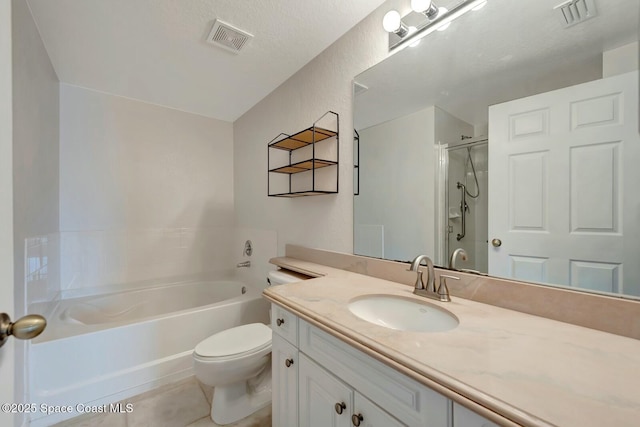 full bathroom with vanity, tile patterned floors, shower with separate bathtub, and toilet